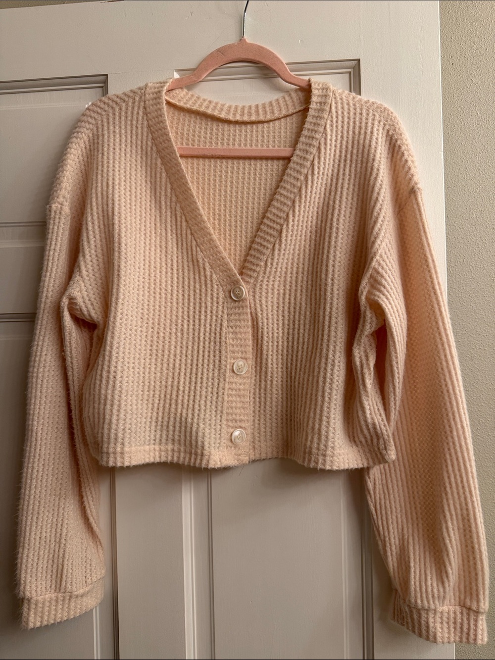 Cropped V-Neck Button Front Women's Sweater Cardigan - Cream